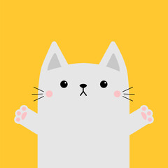 Wall Mural - White square cat ready for a hugging. Kitty reaching for a hug. Open hand pink paw print. Funny Kawaii animal. Cute cartoon baby character. Pet collection. Flat design Yellow background.