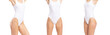 © Acronym - Young, fit, happy and beautiful woman in white swimsuit isolated on white background - set collection. Perfect female body. Healthcare, diet, sport and fitness.