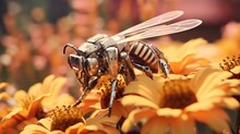 Robot Bee Collects Nectar. AI Generative Image.