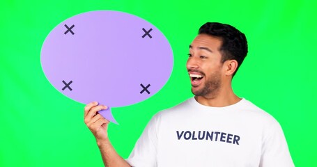 Wall Mural - Asian man, speech bubble and volunteer in surprise on green screen for social media against a studio background. Portrait of male person or NGO and shape for chat, sale or advertising on mockup space