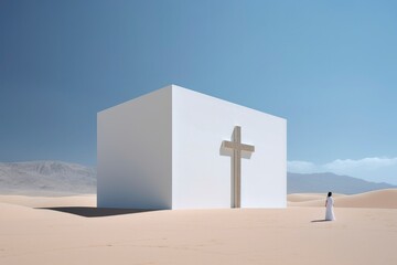 Conceptual image with a woman and a cross in the desert. Faith