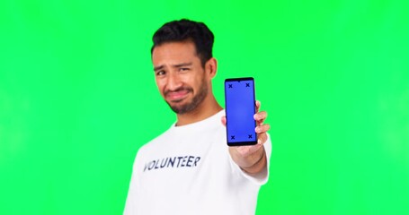 Wall Mural - Green screen, shaka sign and man with phone mockup to volunteer, charity and community service app. Technology, social media and portrait of male person for ngo, nonprofit and donation advertising