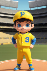 Sticker - 3dcute young baseball player in stadium background. Generative AI