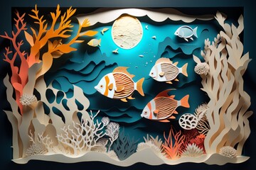 Poster - cardboard style. underwater world. fish corals in the ocean.. generative ai.