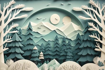 Wall Mural - cardboard landscape. coniferous forest in the mountainous area under the night sky. generative ai.