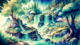 Fototapeta  - Magical waterfalls in a fairytale ambiance. Watercolor style. Generative AI.