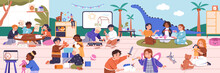 Children Playing Together In Kindergarten. Happy Little Toddlers With Toys, Games At Daycare Playroom. Preschool Kids, Cute Boys And Girls, Having Fun In Nursery Panorama. Flat Vector Illustration