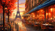 cafe in Paris with the Eiffel tower, ai generative