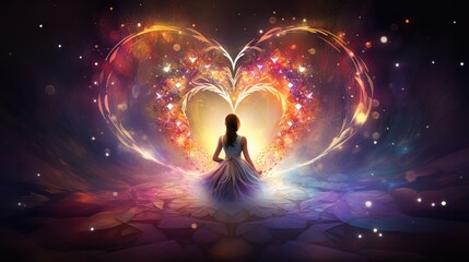 Wall Mural - Loves surrounds us, cosmic beautiful universal love, heart filled with life, flowers and lights. Finding peace and the inner center. Concept.