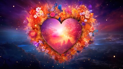 Wall Mural - Loves surrounds us, cosmic beautiful universal love, heart filled with life, flowers and lights. Finding peace and the inner center. Concept.