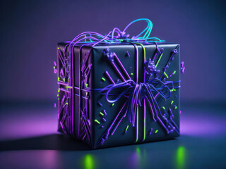 Magic neon light Cyber punk gift box, AI generated