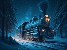 Old Steam Locomotive Driving At Fairy Blue Forest, Christmas Background, AI Generated