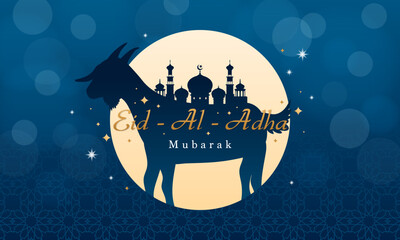 Sticker - Eid Al Adha Mubarak greeting card Vector illustration. Goat with mosque on blue bokeh background