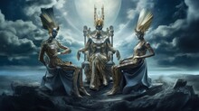 Three Figures Of Alien Rulers In Chrome Masks. Portraits Of Creatures That Excel In The Development Of People. Illuminati And Reptilians. Created By AI	
