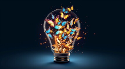 A creative idea illustrated by butterflies emerging from a light bulb, Generative AI
