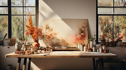 Interior of modern artist workplace with brushes and paints on table