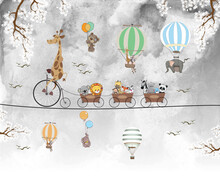 Cute Giraffe And Lion And Zebra And Monkey Bike And Ballon Background