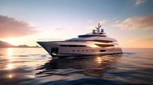 Luxury Beautiful Yacht At Sunset In The Sea. Generative Ai. 