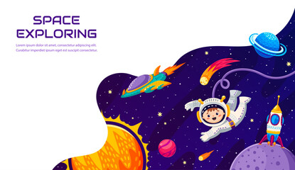 Wall Mural - space galaxy landing page. cartoon space planets, astronaut and spaceship, rocket, sun and stars vec