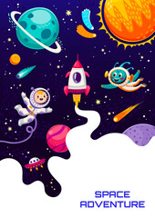 Wall Mural - space poster, cartoon astronaut, alien ufo spaceship and space planets, vector galaxy world backgrou
