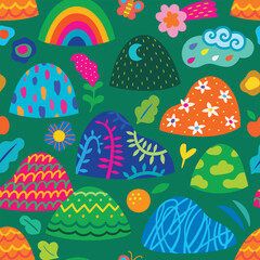 Wall Mural - Seamless pattern with rainbow decorative round shape hills, mountains and nature elements. Vector illustration