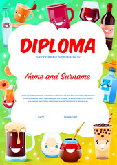 Wall Mural - Sommelier or bartender diploma with cartoon drink and cocktail characters, vector certificate. Appreciation award or diploma for bartender or sommelier with funny bottle of tequila, whiskey and wine