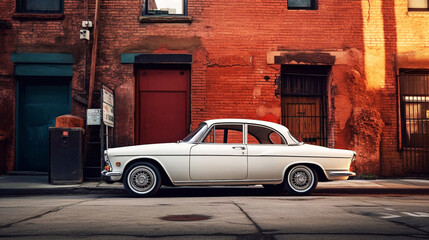 Wall Mural - Vintage car parked in front of old building with red brick wall