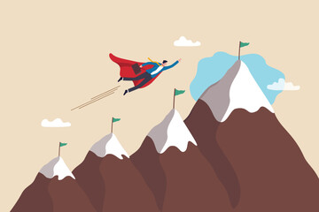Wall Mural - Challenge to achieve success milestone, goal or business target, winning mission or career development, growth or progress journey, aspiration concept, businessman super hero fly to mountain summit.