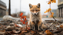 Red Fox On Abandoned Street At Autumn. 