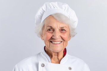 Wall Mural - Portrait of smiling senior woman in chef's hat on white background