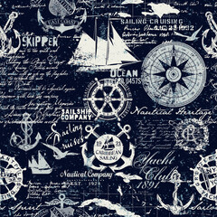 Wall Mural - Caribbean sailing cruises nautical elements collage grunge marine wallpaper vector seamless pattern