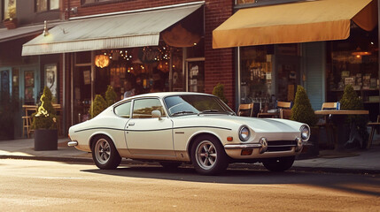 Wall Mural - Vintage car parked in front of restaurant