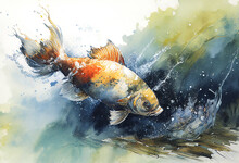 Carp Fish Aquarelle Watercolour Painting An Abstract Animal Portrait Which Could Be Used As A Fishing Poster Or Flyer, Computer Generative AI Stock Illustration Image