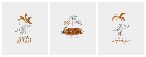 Sticker - Hand drawn vector abstract simple minimalistic line art graphic drawing tropical surfing icon sign collection set isolated. Summer palm beach modern design concept. Summer palm beach and surf logo.