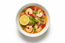 Tom Yum Soup With Shrimp Lemon And Chili Isolated On White Background With Clipping Pathtop View