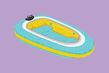 Graphic Flat Design Drawing Of Inflatable Boat. Rubber Boat Blowing By Air. Enjoy Equipment For Relaxing, Leisure Summer Time. Water Sport Kit. Lifeguard Rescue Tool. Cartoon Style Vector Illustration
