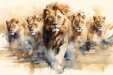 Naklejka na meble Watercolour abstract animal painting of a pride of  lions running fiercely across a river in the jungle of Africa which could be used as a poster or flyer, computer Generative AI stock illustration im