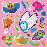 Fototapeta  - Sticker set of cute bright owls and small nature elements. Vector illustration