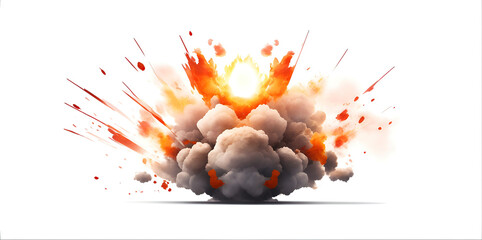 Wall Mural - realistic fiery explosion with sparks over a white background.