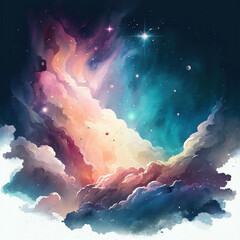 Magical night starry sky and clouds for astronomy nature banner. Watercolor stars background for National Space Day. Generative AI
