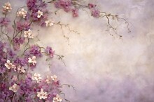 Hand Painted Canvas Backdrop In Soft Purple And Creams With Flowers Over A Vine Creeping Up, Lots Of Empty Copy Space Generative AI 