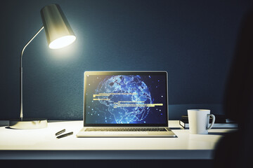 Wall Mural - modern computer screen with abstract graphic coding sketch and world map, big data and networking co