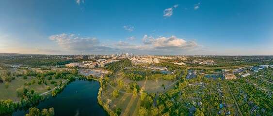 Wall Mural - Wide angle drone panorama over the German city Frankfurt am Main during sunset