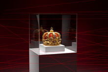Beautiful Golden Crown. Valuable Exhibit In Museum Protected By Lasers. Insignia