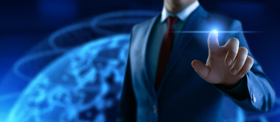 The businessman presses a button on the virtual screen. A man pointing at a futuristic interface. Innovative Internet technology and business concept. Empty space. Template for text