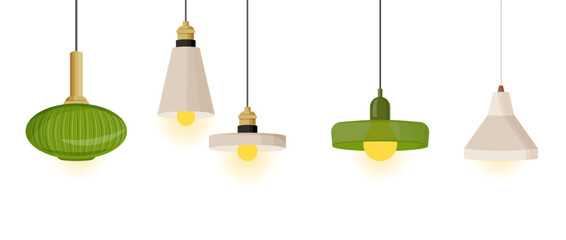 Set of hanging lamps. Source of lighting and element of decor and interior for room and apartment. Chandeliers and light bulbs. Cartoon flat vector collection isolated on white background