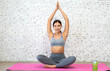 © Art_Photo - Portrait of sport slim strength woman training in sportswear sit relax, practicing yoga, fitness, exercise, wellness, workout, sport with blue fitball at home.Diet concept.Fitness, healthy lifestyle
