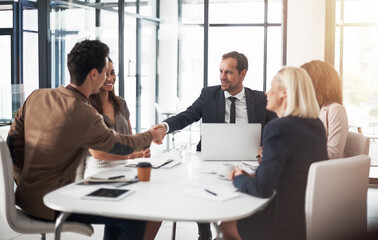 Poster - Business people, handshake and meeting for b2b deal, partnership or teamwork in office conference. Businessman shaking hands with employee in team building, planning or agreement in deal at workplace