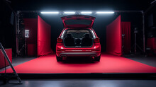 Huge, Clean And Empty Car Trunk In Interior Of Compact Suv. Rear View Of A Red SUV Car With Open Trunk. Generative AI