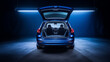 © Mickael - Huge, clean and empty car trunk in interior of compact suv. Rear view of a bleu SUV car with open trunk. Generative AI